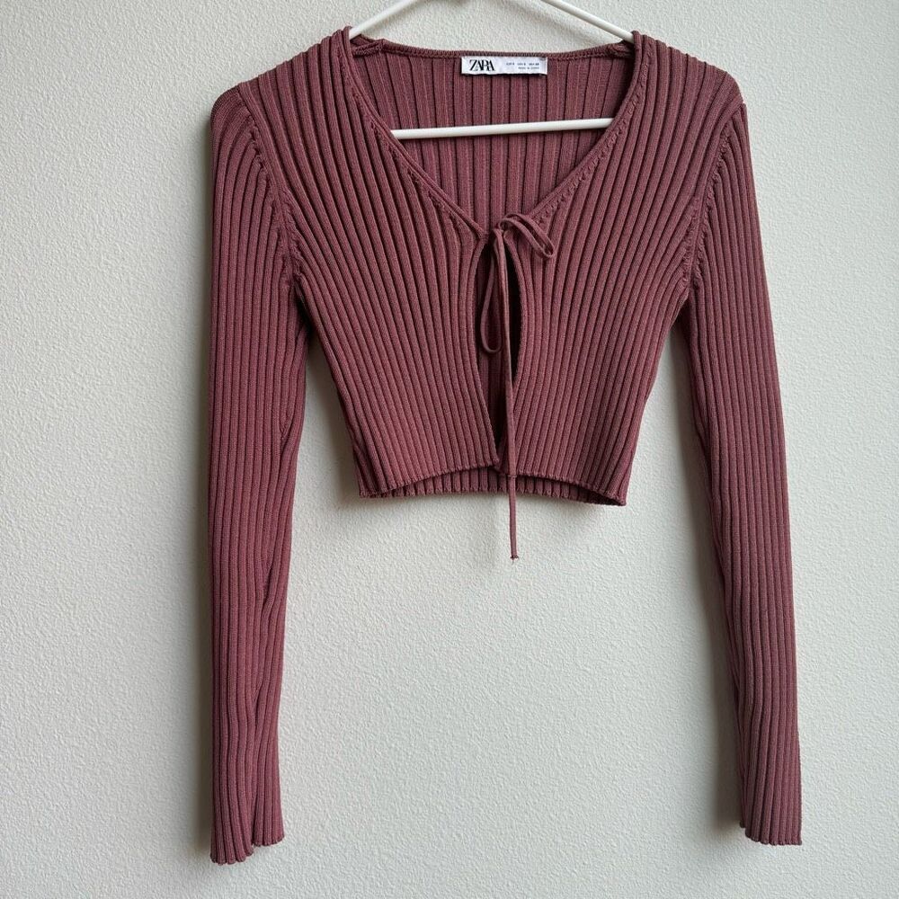 Zara Pink Ribbed Heavy Knit Tie Front Cardigan Cropped Sweater Size Small
